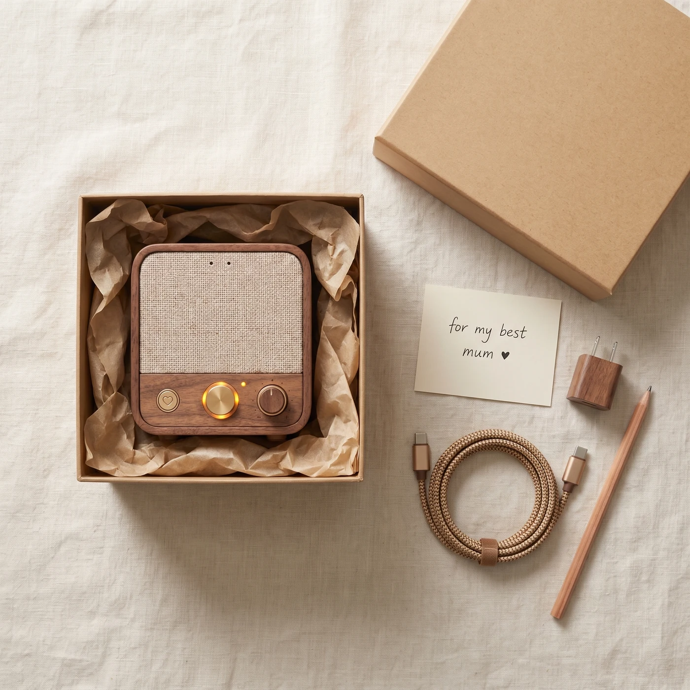 Flat-lay of the packaging on cream linen: the kraft box and lid, Roomie in tissue paper, a braided cable, a plug, a pencil and a blank card.