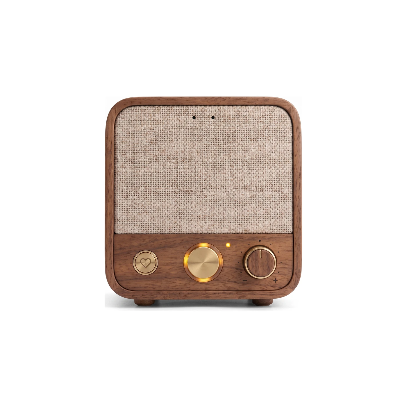 Roomie square on from the front, the cloth grille above and three brass controls below.