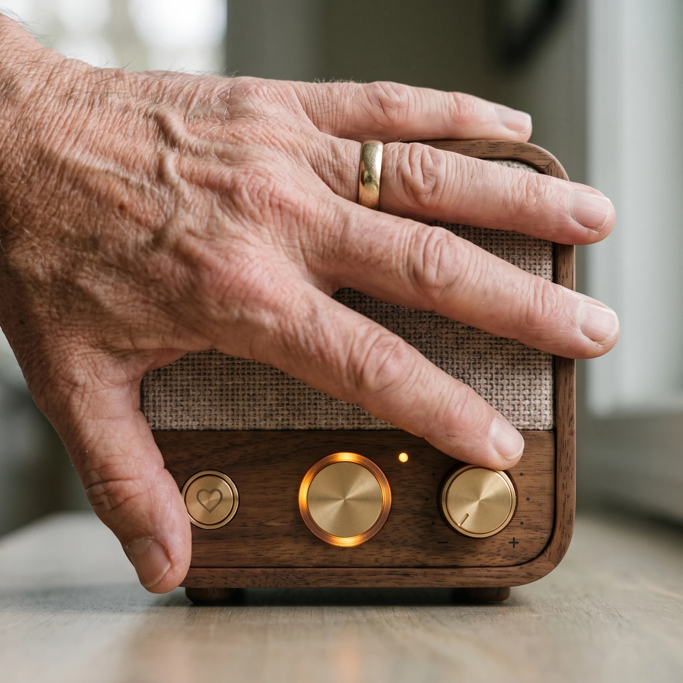 An older hand with a worn gold wedding ring resting on top of Roomie, the brass talk button lit amber below.