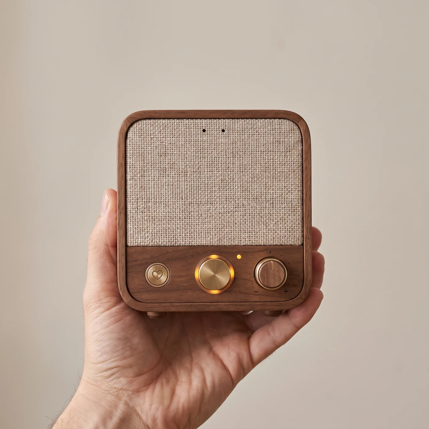 Roomie held front-on in one hand, roughly the width of an outstretched palm.