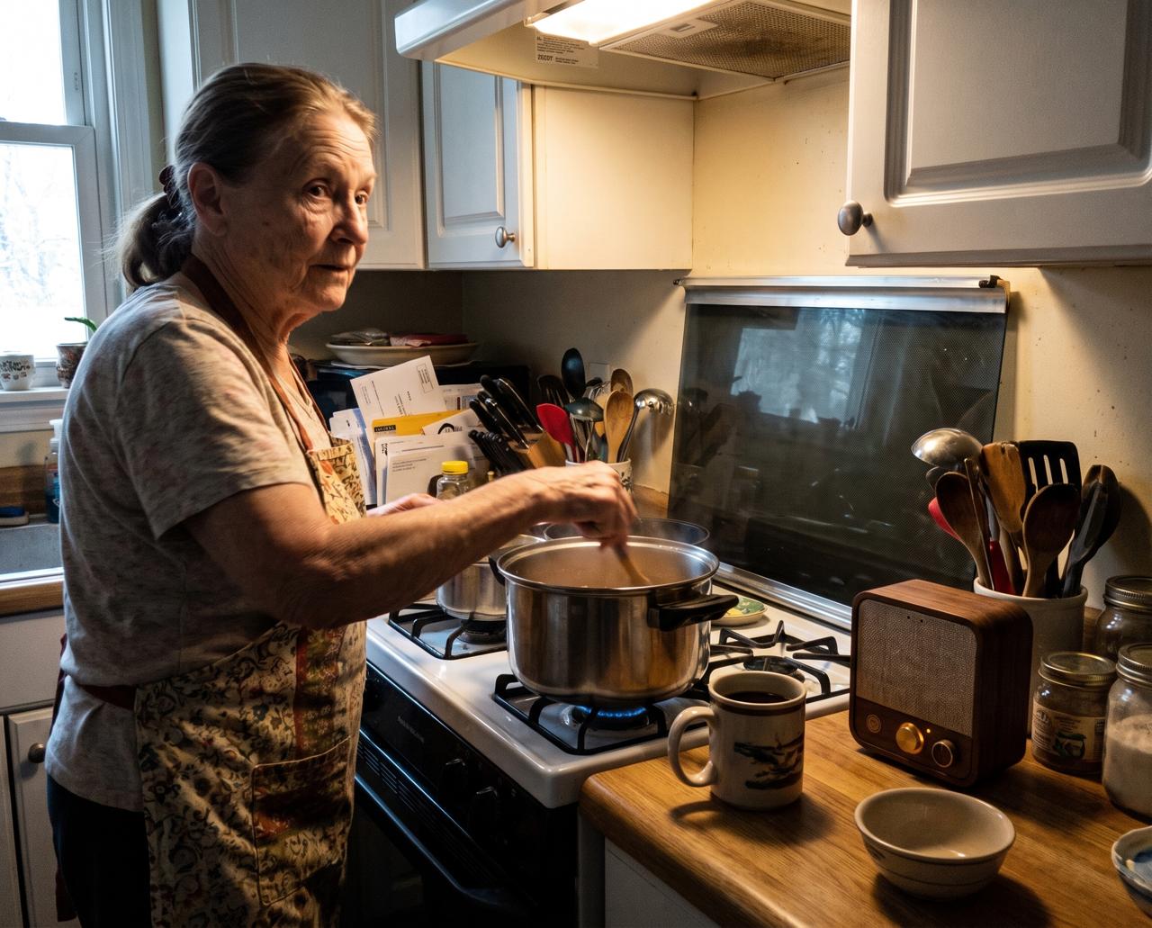 An older woman stirring a pot at the stove, with Roomie sitting on the wooden counter beside a mug.