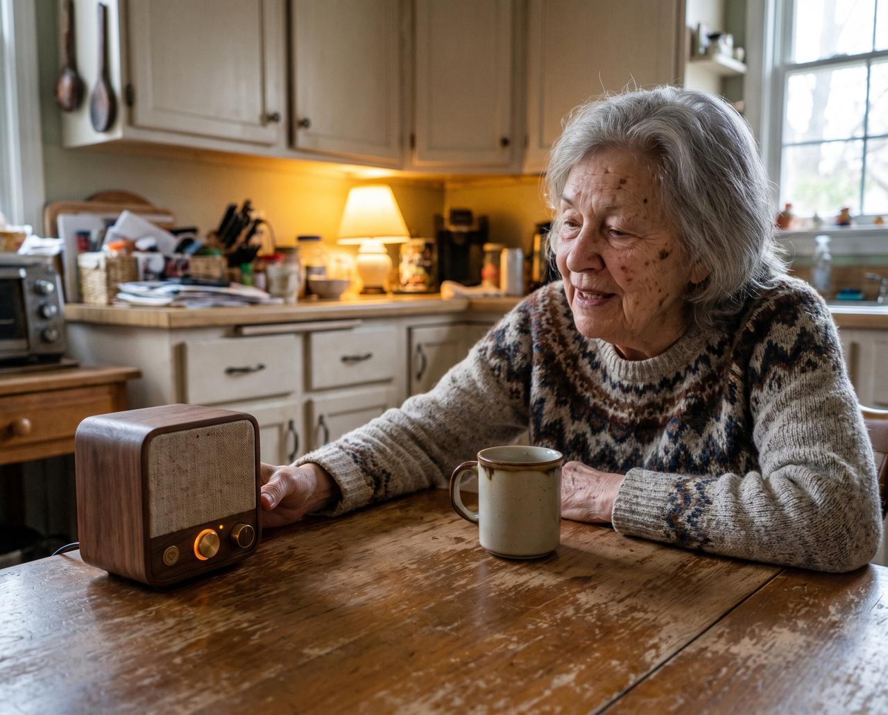 An older woman at the kitchen table reaching for Roomie, its talk button ringed in amber.